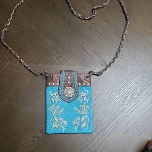Turquoise Floral Crossbody Phone Bag with Studded Accent